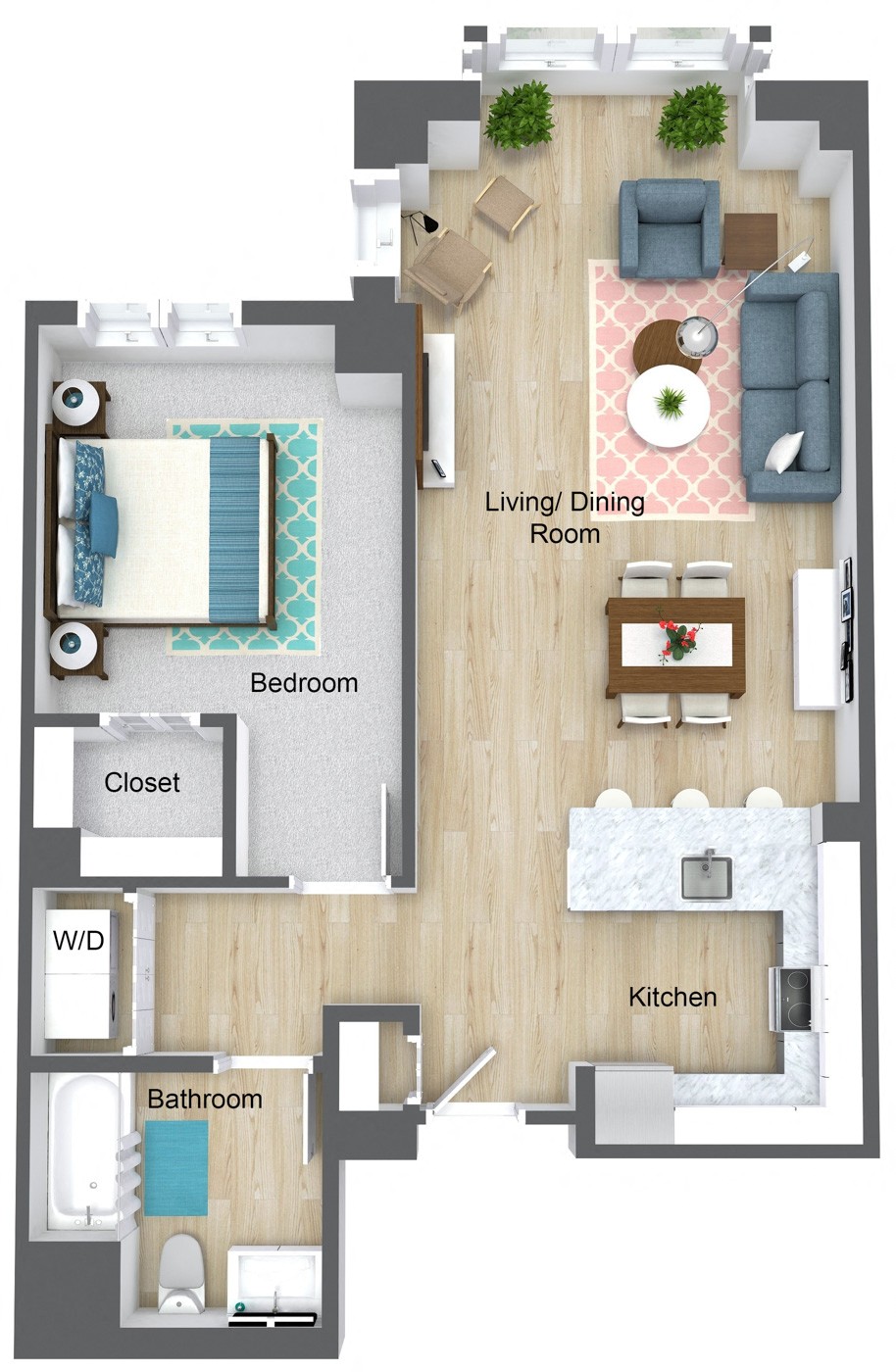 Floor plan for 1 bed, 1 bath, 826 sqft
